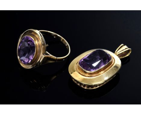 2 Diverse Teile Schmuck: GG 333 Ring (3,6g, Gr.60) mit violettem Glasstein und GG 585 Amethystanhänger (5g, 3,3x2cm), um 1950