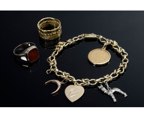 3 Diverse Teile Schmuck: GG 585 Bettelarmband mit 4 Anhängern (Silber 935/vergoldeter Esel, vergoldetes Herz, RG 333 Fragment