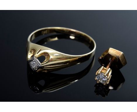 2 Diverse Teile GG 585 Schmuck: Ring mit kleinem Achtkantdiamant (ca. 0.04ct/SI/W/Gr. 61) und Brillantpin (ca. 0.17ct/VSI/W),