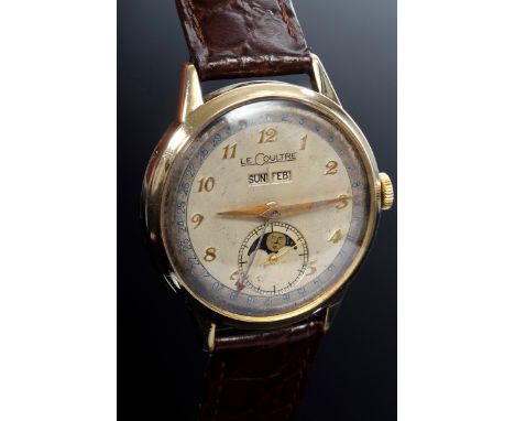 LeCoultre 10K goldfilled Herrenarmbanduhr mit Mondphase und Kalender, versilbertes Zifferblatt mit goldfarbigen arabischen Zi