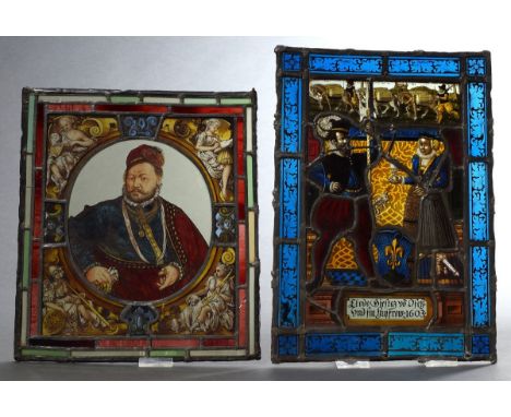 2 Diverse Bleiverglasungen mit figürlichen Darstellungen "Uodo Giestaz von Ösch und sin Husfrow 1603" und "Portrait eines Rat