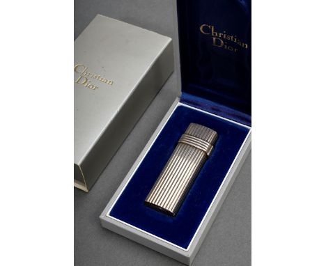 Versilbertes Christian Dior Feuerzeug "Les Briquets", in Orignal Box, H. 7cm
