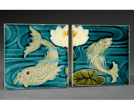 2 Paar Jugendstil Fliesen "Fische", Villeroy &amp;amp; Boch/Mettlach, um 1900, 15x15cm, kl. Defekte