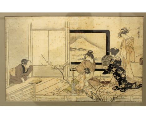 AN ORIGINAL 18TH CENTURY FRAMED OBAN YOKO-E WOODBLOCK PRINT BY UTAMARO, depicting a group of bijin on a veranda before an int