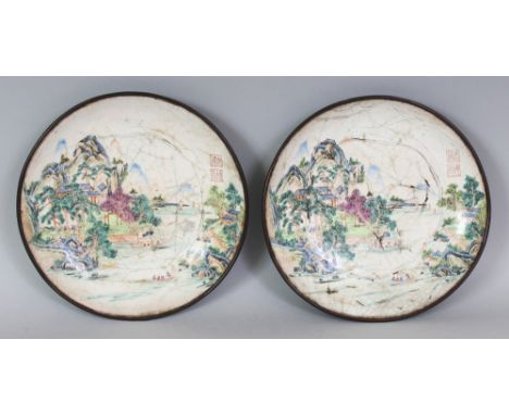 AN UNUSUAL PAIR OF 18TH CENTURY SIGNED CHINESE CANTON ENAMEL SAUCER DISHES, each interior decorated with a river landscape sc