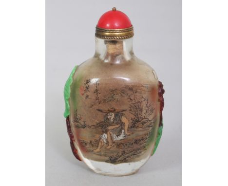 A SIGNED CHINESE INTERIOR PAINTED GLASS SNUFF BOTTLE & STOPPER, each side painted with a figural scene, one scene including c