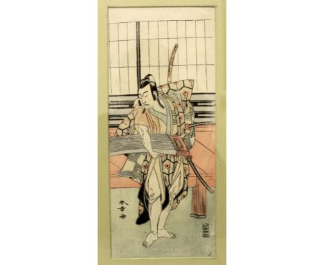 AN ORIGINAL 18TH CENTURY FRAMED HOSOBAN WOODBLOCK PRINT BY SHUNSHO, possibly depicting the actor IchikawaYaozo III, the frame