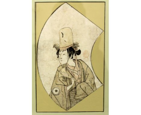 ANOTHER ORIGINAL 18TH CENTURY FRAMED WOODBLOCK KABUKI FAN PRINT BY SHUNSHO &amp; BUNCHO, depicting an actor holding a fan, fr