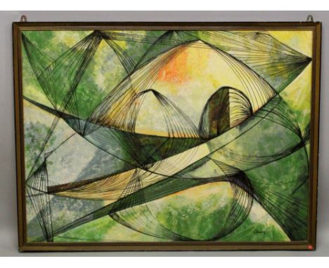 A LARGE FRAMED ABSTRACT OIL PAINTING ON BOARD. signed K. Fleming, reputedly a Hong Kong artist, the frame 50.25in x 38.3in.