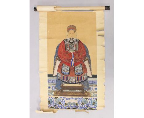 A 19TH/20TH CENTURY CHINESE ANCESTOR PAINTING ON PAPER, depicting a female patriarch bearing a 4th rank wild goose badge, the