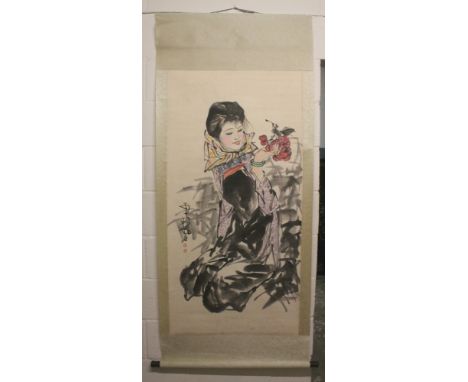 ANOTHER CHINESE HANGING SCROLL PICTURE, decorated on paper with calligraphy, artist's seal and with a portrait of a lady hold