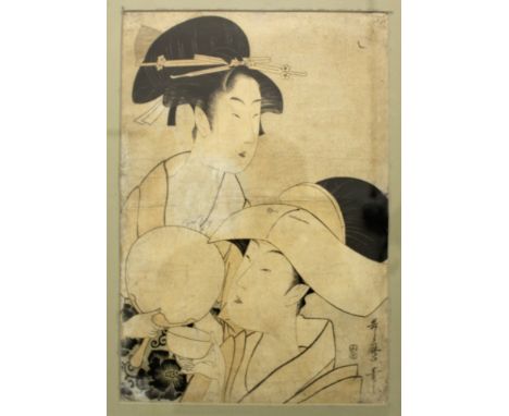 ANOTHER ORIGINAL 18TH CENTURY FRAMED OBAN WOODBLOCK PRINT BY UTAMARO, depicting two courtesans, one holding a fan, the other 