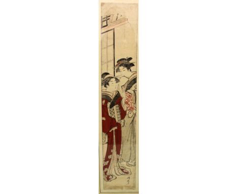 AN ORIGINAL 18TH CENTURY FRAMED HASHIRA-E WOODBLOCK PRINT BY KIYONAGA, depicting two conversing bijin, the frame 30.2in x 7.8