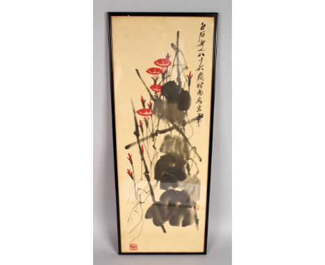 A FRAMED CHINESE PRINT, entitled 'Convolvulus', after Chi Pai-Shih, the frame 30in x 11.5in.