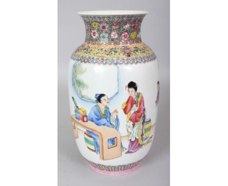 A 20TH CENTURY CHINESE FAMILLE ROSE PORCELAIN LANTERN VASE, painted with a figural interior scene, the base with a four-chara