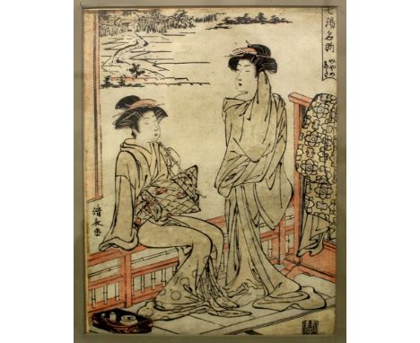 ANOTHER ORIGINAL 18TH CENTURY FRAMED CHUBAN WOODBLOCK PRINT BY KIYONAGA, depicting two conversing bijin, from the series Seve
