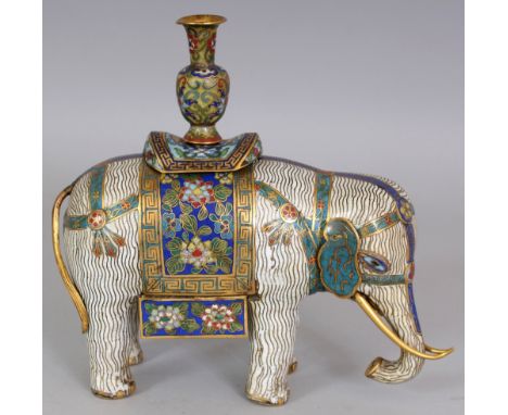 A GOOD QUALITY EARLY 19TH CENTURY CHINESE JIAQING PERIOD WHITE GROUND CLOISONNE MODEL OF AN ELEPHANT, standing four-square an