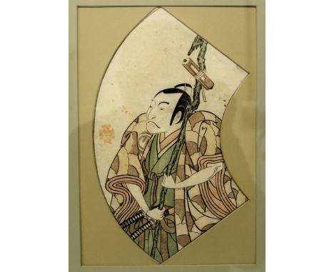ANOTHER ORIGINAL 18TH CENTURY FRAMED WOODBLOCK KABUKI FAN PRINT BY SHUNSHO &amp; BUNCHO, depicting an actor clasping a staff,
