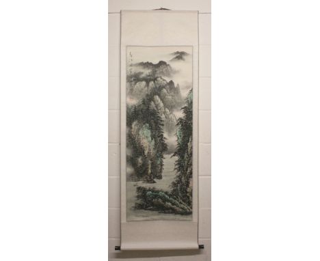 FOUR VARIOUS 20TH CENTURY CHINESE HANGING SCROLL PAINTINGS ON PAPER, each depicting a mountainous landscape, the largest pain