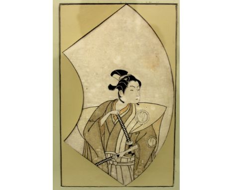 ANOTHER ORIGINAL 18TH CENTURY FRAMED WOODBLOCK KABUKI FAN PRINT BY SHUNSHO &amp; BUNCHO, depicting an actor dressed as a samu