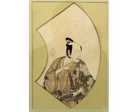 ANOTHER ORIGINAL 18TH CENTURY SIMILAR FRAMED WOODBLOCK KABUKI FAN PRINT BY SHUNSHO &amp; BUNCHO, depicting an actor dressed a
