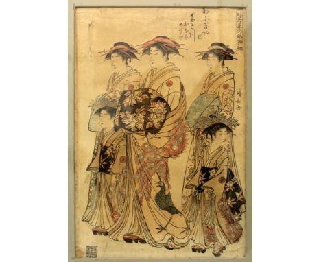 AN ORIGINAL 18TH CENTURY FRAMED OBAN WOODBLOCK PRINT BY KIYONAGA, depicting strolling courtesans and kamuro, from the series 