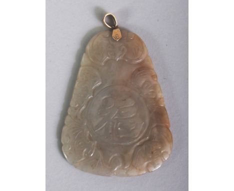 A CHINESE CELADON JADE PENDANT, the gold suspension loop impressed 'LARRY 14K 589', the jade carved with auspicious character