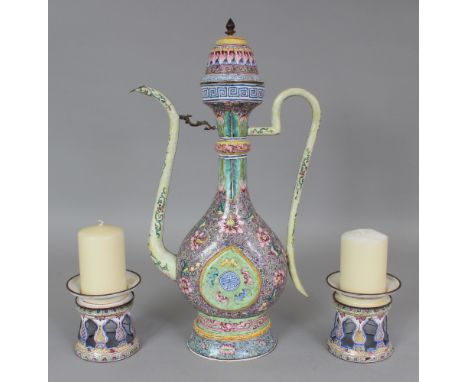 A 19TH CENTURY CHINESE CANTON ENAMEL EWER & COVER, each side decorated with raised tear-drop panels of five bats enclosing a 