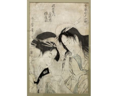 ANOTHER ORIGINAL 18TH CENTURY FRAMED OBAN WOODBLOCK PRINT BY UTAMARO, depicting two courtesans reading from a letter, possibl