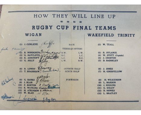 Rubgy league cup final 1946 Wakefield Trinity vs Wigan. Programme signed by entire Wigan team, plus 6 reserves together with 