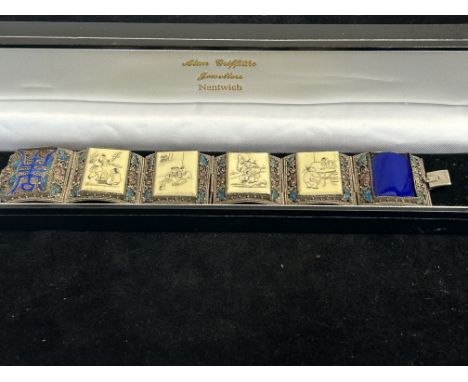 White metal oriental enamel &amp; carved bone bracelet 