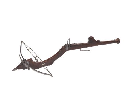 An Italian StonebowLate 16th CenturyWith slender recurved iron bow with later strings and retained by an iron loop-shaped bra