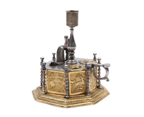 A Rare Bohemian Steel-Mounted Ormolu Flintlock Tinderlighter and Inkstand Mid-18th CenturyOf octagonal form, the sides cast a