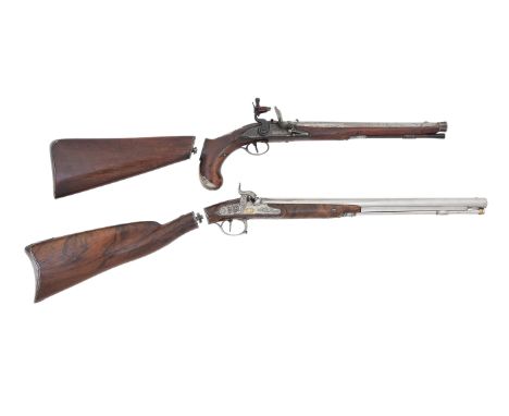 A 32-Bore Flintlock Rifled Pistol-Carbine 18th/19th CenturyWith earlier Turkish barrel rifled with seven grooves and with rem