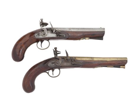 A Pair Of Flintlock Brass-Mounted Pistols Of Carbine BoreCirca 1820With octagonal sighted barrels (some light pitting) each s