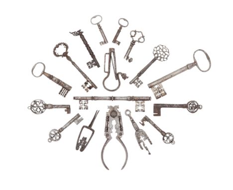 Fifteen Various KeysLate 15th Century To 19th CenturyAll of steel, the first with turned baluster shank engraved with 'GR' ov