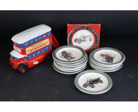 Fourteen Wade ' Veteran Car ' Pottery Dishes together with Ceramic London Bus Money Box 