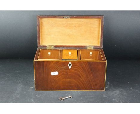 Early 19th century Mahogany and Boxwood strung Square Tea Caddy, the hinged lid opening to three lidded compartments, 25cms l