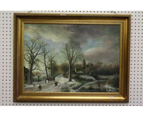 Oil Painting on Canvas depicting a Rural Winter Scene with figure and a horse and cart beside a frozen river, signed bottom r