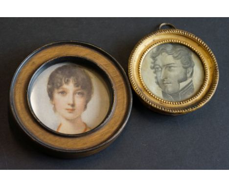 Early 19th century Circular Portrait Engraving of Prince Leopold with text to verso with dates, 4cms diameter in gilt frame t