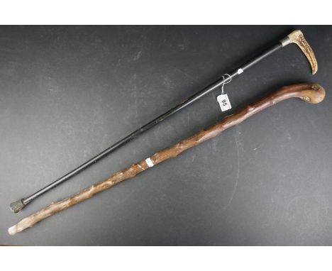 Early 20th century Walking Stick with Antler Handle together with a Root Pommel Walking Stick