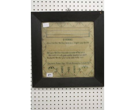 19th century Needlework Sampler by Charlotte Rimes, being her work at Hemington School dated 1842 depicting the alphabet, poe