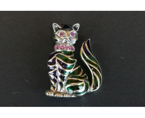 Silver plique-a-jour cat brooch with ruby collar 