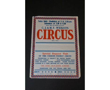 C J &amp; M F Weights Circus, circa 1960s, an original vintage advertising poster for C J &amp; M F Weights Circus, no locati