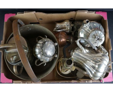 Mixed lot of Metalware including Victorian Four Piece Melon shaped Tea Service, Brass Jam Pan, Copper Watering Can, Brass Cor