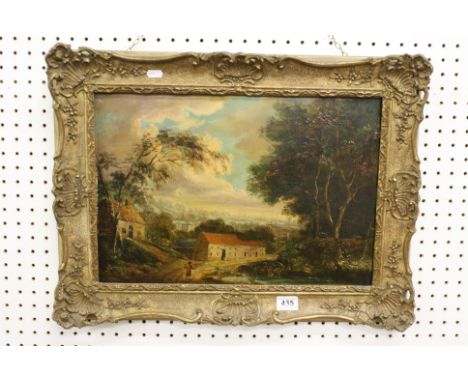 19th century Oil Painting on Board of a Country Scene and a traveller walking with a stick and carrying a bag, 50cms x 35cms,