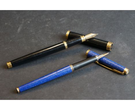 Waterman black lacquer fountain pen with 18ct gold nib, together with a powder blue Parker pen signed with character or Islam