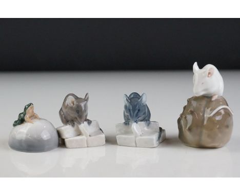 Four Danish Royal Copenhagen Porcelain Ornaments including Three Mice eating, models no. 511 and 2 x 510 together with a Frog