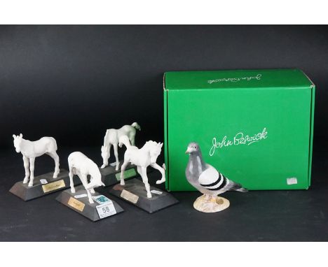 Collection of four blanc de chine horses mounted to bases, together with a boxed Beswick Pigeon, model no. JBB9 