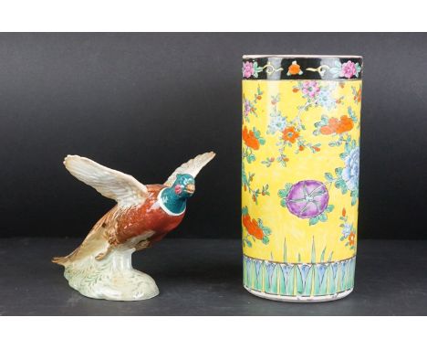 Beswick Pheasant in Flight, model 849 together with a Japanese Yellow Ground Sleeve Vase decorated with exotic birds and flow